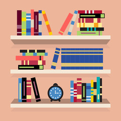 Three bookshelves with your favorite books and watches. Library concept. Vector illustration.