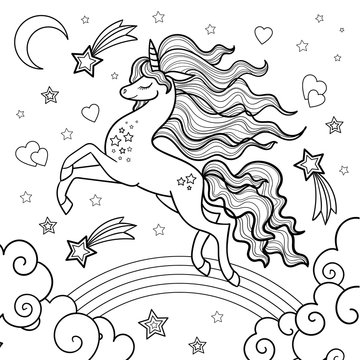 Unicorn running through the rainbow. Black and white image. Vector.