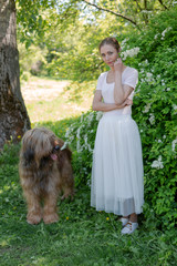 A young girl in a white dress is in the park with her pet dog briard.Spring time.