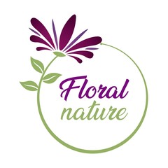 Obraz premium Vector illustration of a purple flower with green leaves and cursive text for logos and designs.