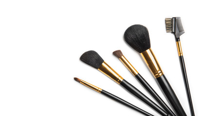 Make-up Brushes set over white background. Various Professional makeup brush on white in studio. Make up artist tools. Flatlay, top view, flat lay border backdrop