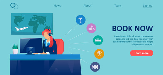 Vector of a travel agent selling tours, cruise, airway tickets online © Feodora