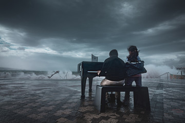 Epic Emotional Piano playing in a thunderstorm at the beach 