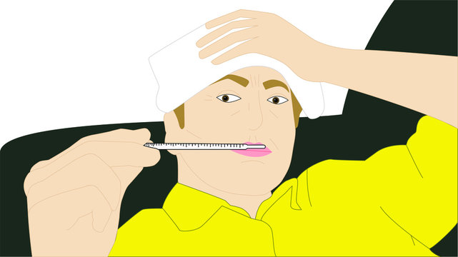 hombre enfermo acostado en un sof&aacute;, con un pa&ntilde;o en la cabeza y tomando la temperatura con un term&oacute;metro 