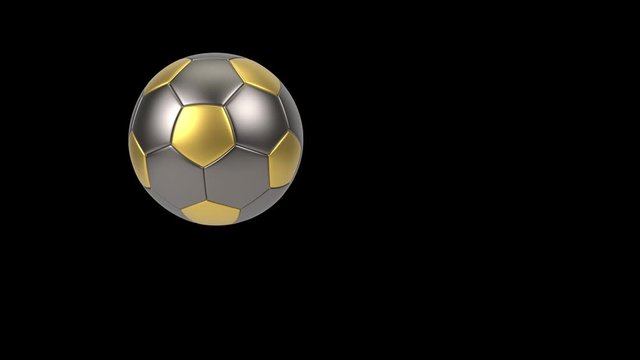 Realistic gold and iron soccer ball isolated on black background. 3d looping animation.
