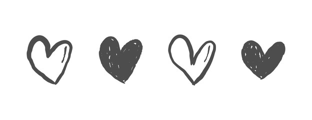 Hand drawn hearts. Heart doodle illustrations. Romance and love sketchy drawings.