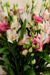 Close frame of a bouquet of pink alstroemerias and eustomas, focus on the nearest flowers