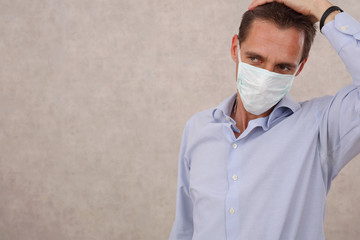 Businessman wearing hygienic medical mask. New habits, Coronavirus Protection routine, Prevention