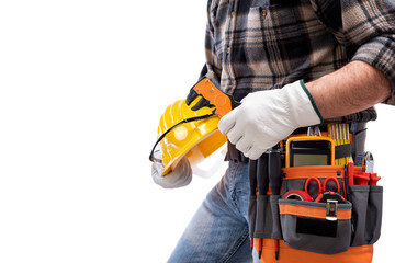 Electrician holds wire stripper plier in hand, helmet with protective goggles. Construction industry, electrical system. Isolated on a white background.