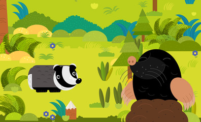 cartoon scene with different european animals in the forest illustration