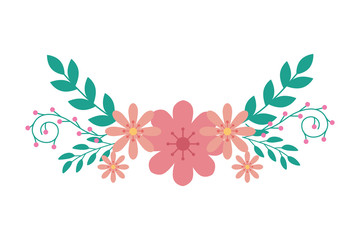 cute flowers pink with branches and leafs vector illustration design