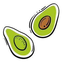Avocado halves. Colorful sketch of vegetables isolated on white background. Doodle hand drawn vegetables. Vector illustration