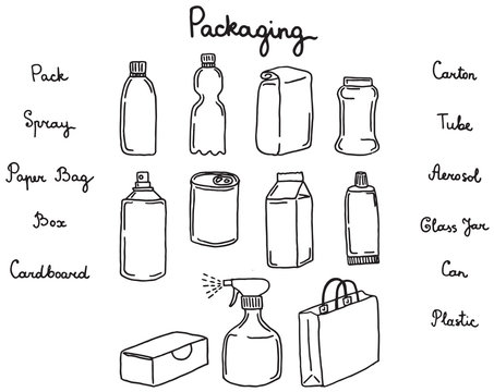 Vector digital illustration, showing diverce types of packaging, cartoon style, with hand written names
