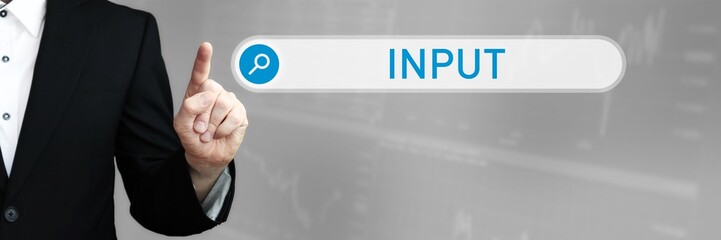 Input. Mann im Anzug zeigt mit dem Finger auf ein Suchfeld. Das Wort Input steht in der Suche....