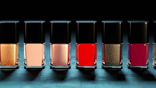 Elegant nail polish bottles with vibrant colors in seamless animation. 4K HD