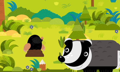 cartoon scene with different european animals in the forest illustration