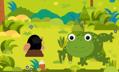 cartoon scene with different european animals in the forest illustration