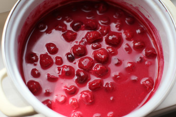 Photo of seasonal cold cherry fruit soup from above