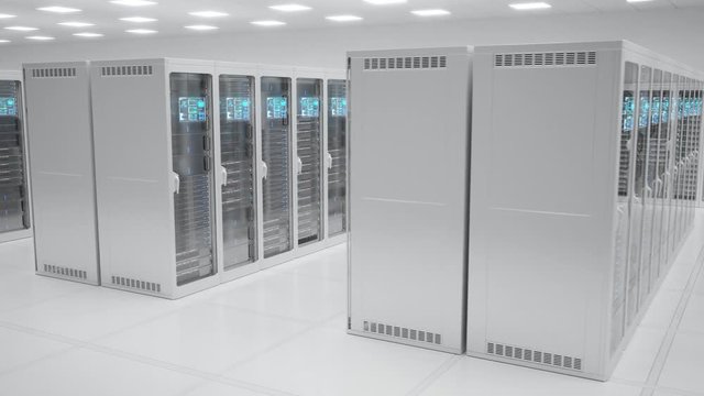 Countless modern server cabinets in a render farm. Bright, futuristic room. 4KHD
