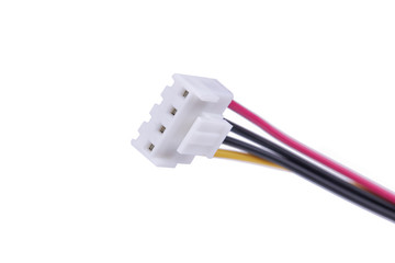 four pin power cable plug close up isolated on a white background.