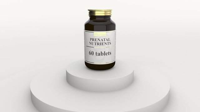 Glass bottle with prenatal nutrients tablets and fictional logo. Healthy lifestyle supplements or pharmaceutical industry related 3D animation