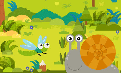 cartoon scene with different european animals in the forest illustration