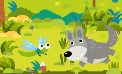 cartoon scene with different european animals in the forest illustration