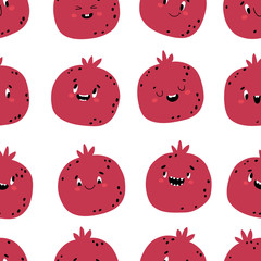 Fototapeta premium Pomegranate seamless pattern. Funny characters with happy faces. Vector cartoon illustration in simple hand drawn scandinavian style. Ideal for printing baby products.