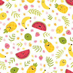 Fruit creative seamless pattern. Funny tropical characters with happy faces in flowers and palm leaves. Vector cartoon in hand drawn scandinavian style. Watermelon Pineapple Lemon Lime Strawberry