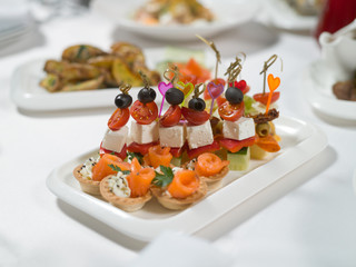 Canapes of fish, vegetables, meat on a plate on a white background