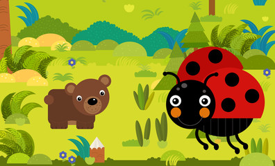 cartoon scene with different european animals in the forest illustration