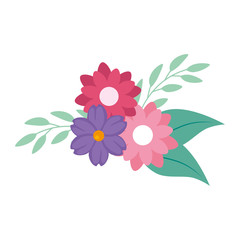 cute flowers with branches and leafs vector illustration design