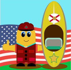 Fototapeta premium Illustration of a funny cartoon man inviting everyone to visit America can be used in the design of the envelopes of notebooks, albums, packaging and tourism booklets as a background, and the basics