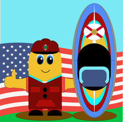 Fototapeta premium Illustration of a funny cartoon man inviting everyone to visit America can be used in the design of the envelopes of notebooks, albums, packaging and tourism booklets as a background, and the basics