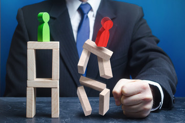 Businessman defeats his opponent with a powerful blow. Crushing defeat of the enemy. The right tactics, success strategy. Elimination of competitors. Career growth, confirm leadership. Failure