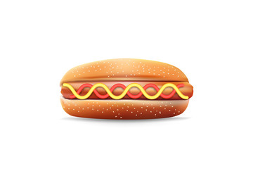 realistic Hot dog with ketchup on white background