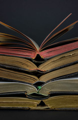 Old books with leather covers and red and gold yellow pages. Placed in pile on a dark background.