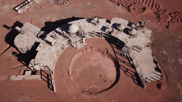 Drone flight of hotel under construction in Al Ula region, tourist sector development in Saudi Arabia