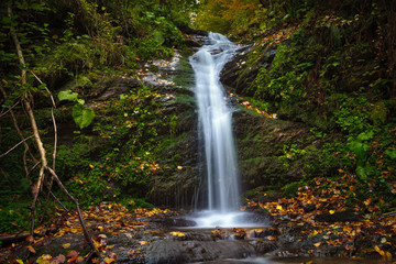 Fototapeta na wymiar Waterfall in the woods, fresh water spring in the mountains