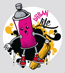 graffiti urban style poster with paint spray bottle character