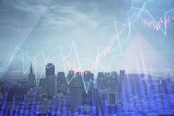 Forex graph on city view with skyscrapers background multi exposure. Financial analysis concept.