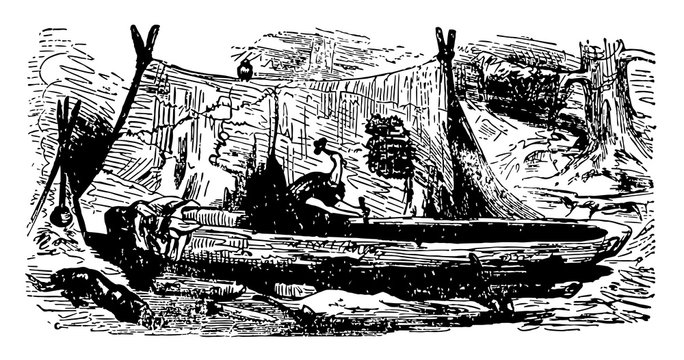 Robinson Crusoe making the boat, vintage illustration