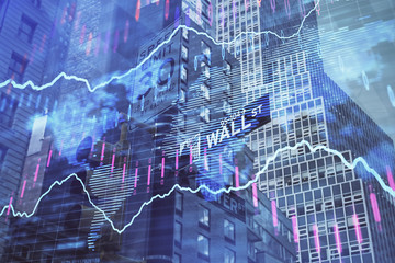 Forex chart on cityscape with tall buildings background multi exposure. Financial research concept.