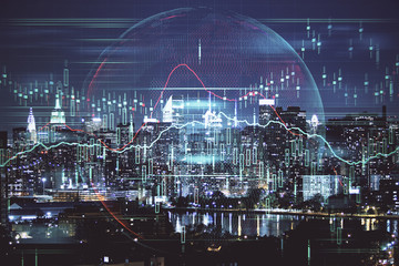 Double exposure of forex chart drawings over cityscape background. Concept of success.