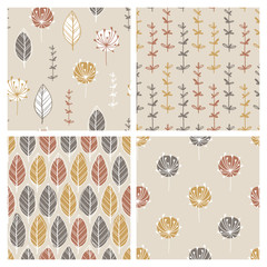 Set of Scandinavian minimalist seamless patterns with hand drawn leaves and herbs. Abstract spots and simple doodle lines. Pastel palette. Vector background for printing onto fabric, fabric, wrapper