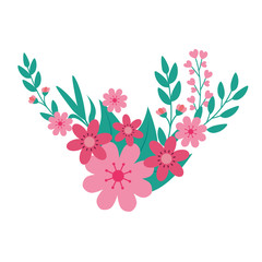 cute flowers pink with branches and leafs decoration vector illustration design