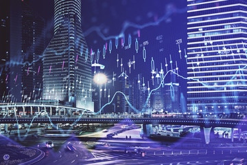 Financial chart on city scape with tall buildings background multi exposure. Analysis concept.