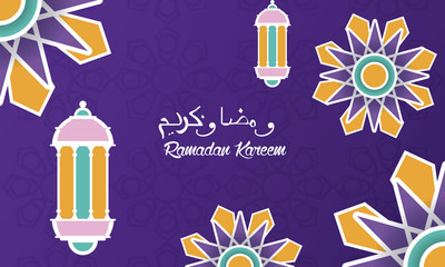 ramadan kareem card with mandalas and lanterns hanging