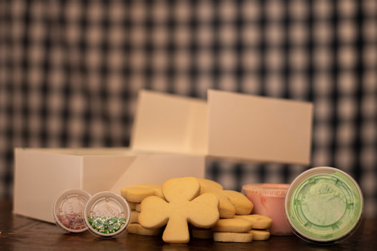 Shamrock Cookies With Frosting And Sprinkles. 