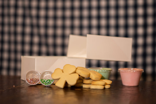 Shamrock Cookies With Frosting And Sprinkles. 